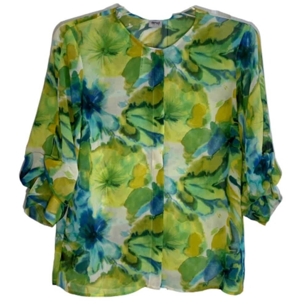 Camicia Donna Top Blouse Italian Floral Watercolors Button Tab Sleeve Medium NEW